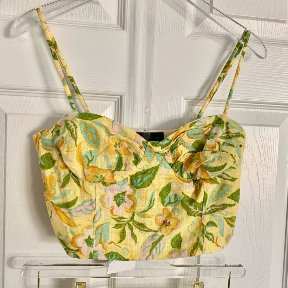 🌼 ZARA Printed Linen Crop Top Bustier Neckline Skirt Set Yellow Floral Print XS - Picture 6 of 16